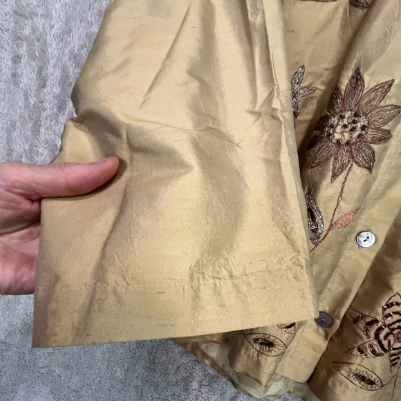 100% Silk Embroidered Button Up Shirt Jacket Stand Collar Sz M Floral Beaded - Picture 8 of 14